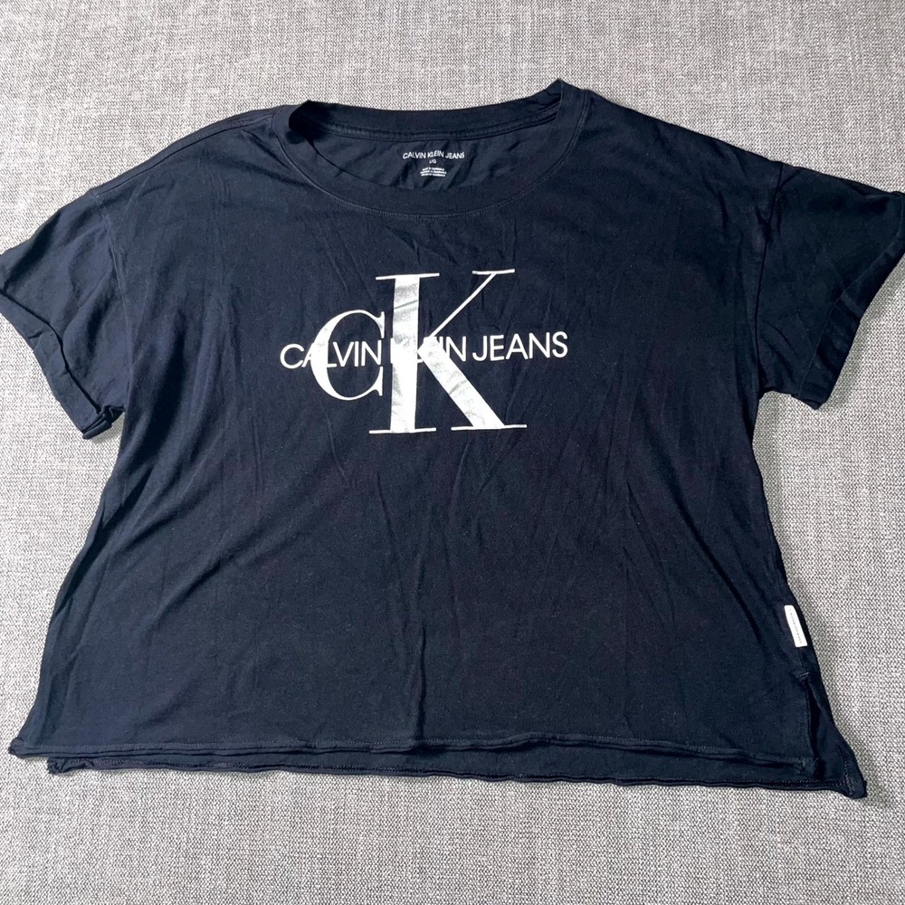 Calvin Klein Jeans T Shirt Womens Large Black Crew Neck Side Slits Relaxed Fit